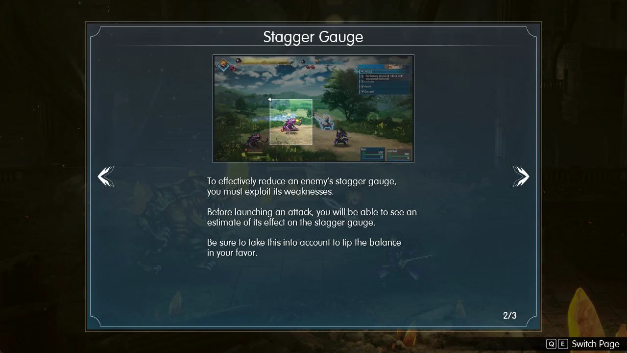 Stagger Gauge tutorial page 2 of 3 explaining enemy weaknesses and the attack estimate