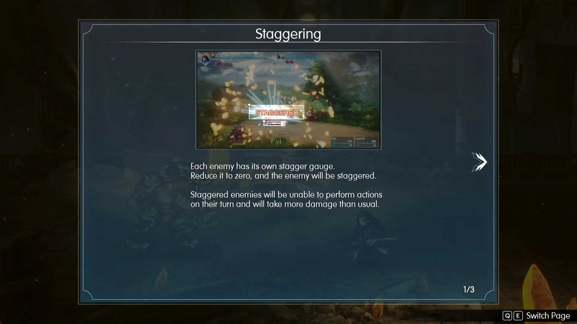 Final Fantasy Resonance Staggering tutorial page explaining the stagger gauge