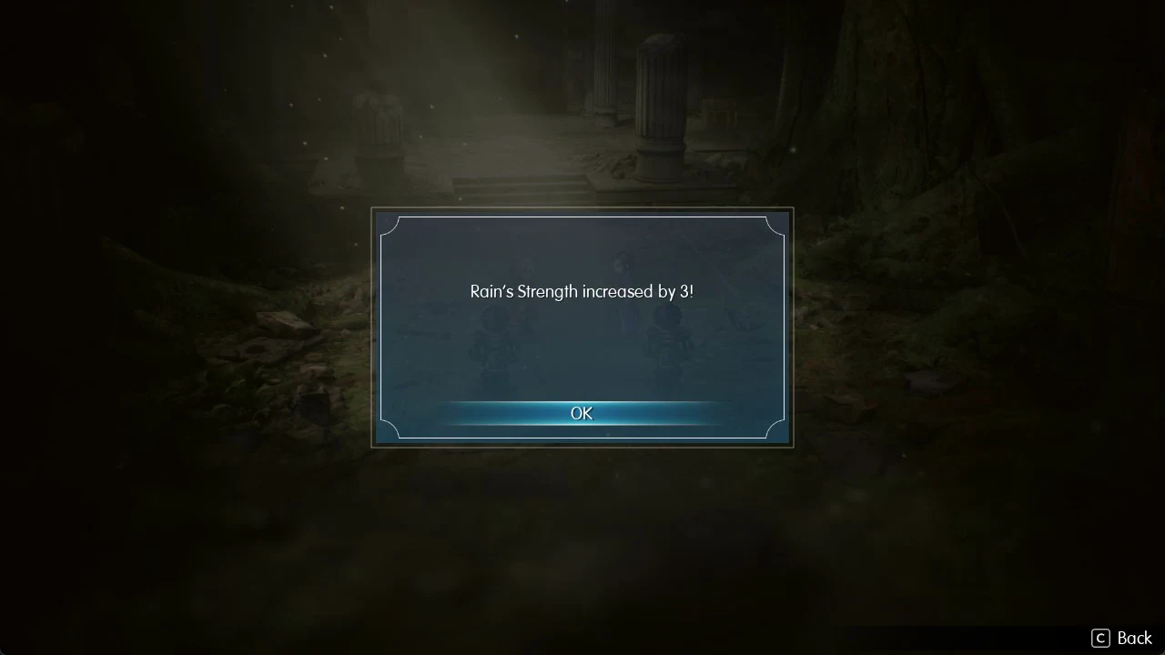 Pop-up message confirming Rain's Strength increased by 3, with the OK button highlighted