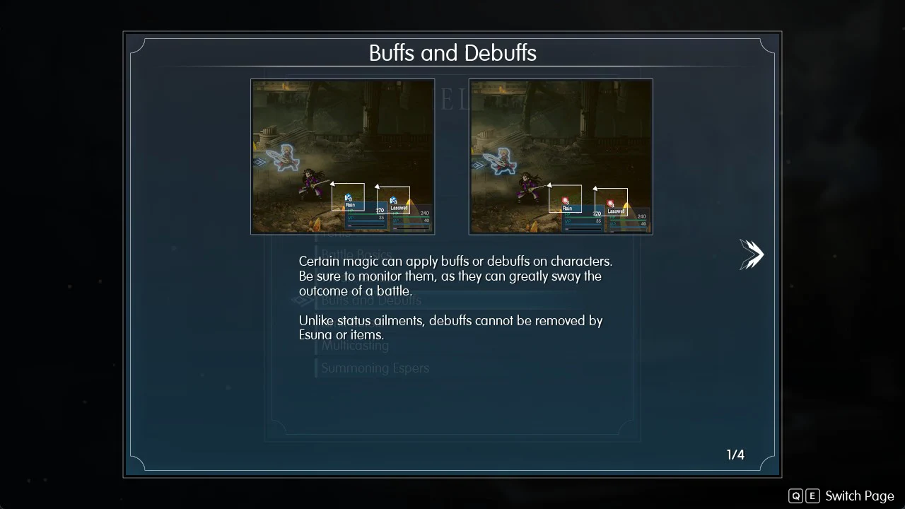 Buffs and Debuffs tutorial page with two battle examples of status icons on characters