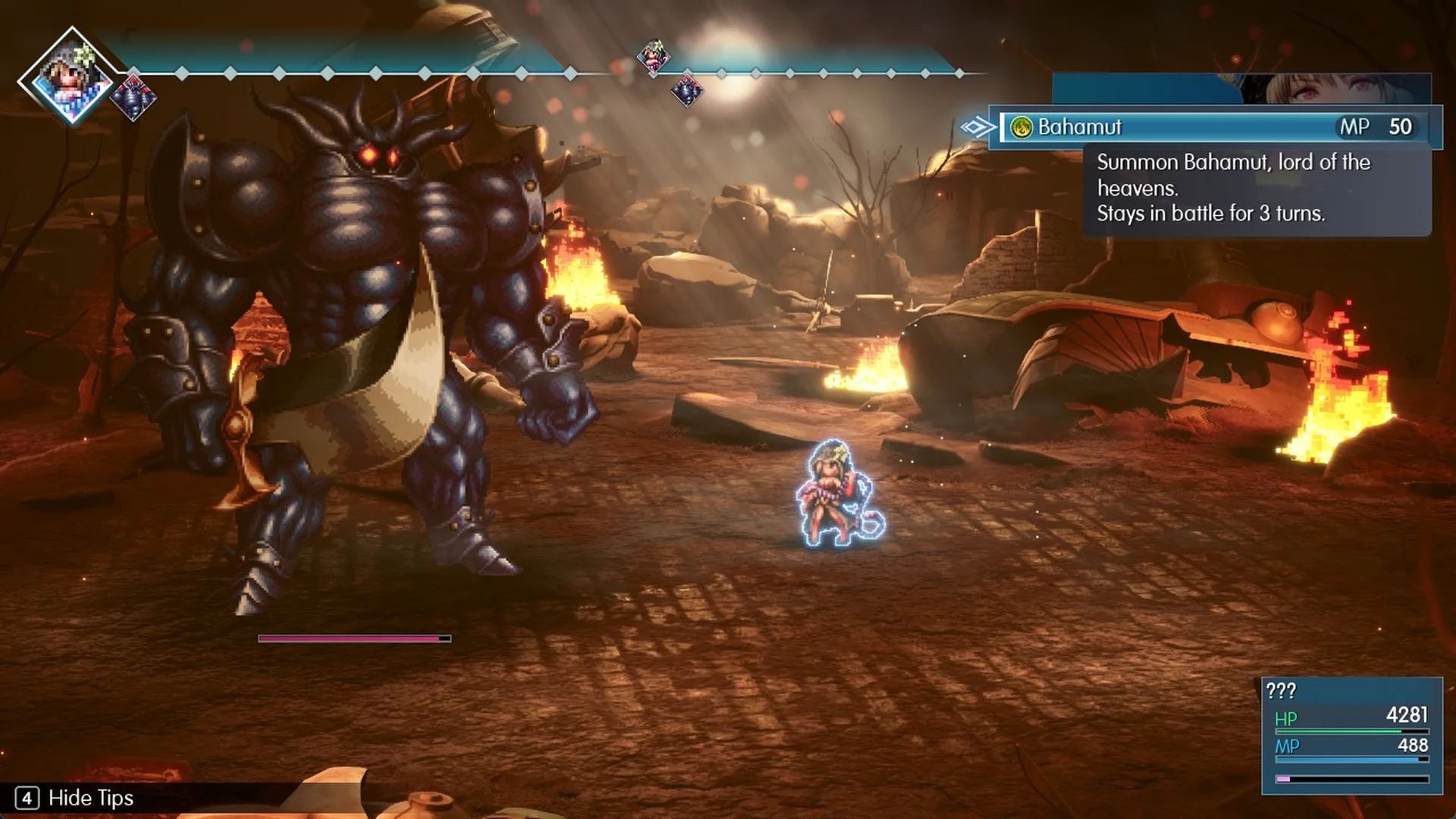 Summon Esper menu in the prologue battle with Bahamut, 50 MP, and its summon text