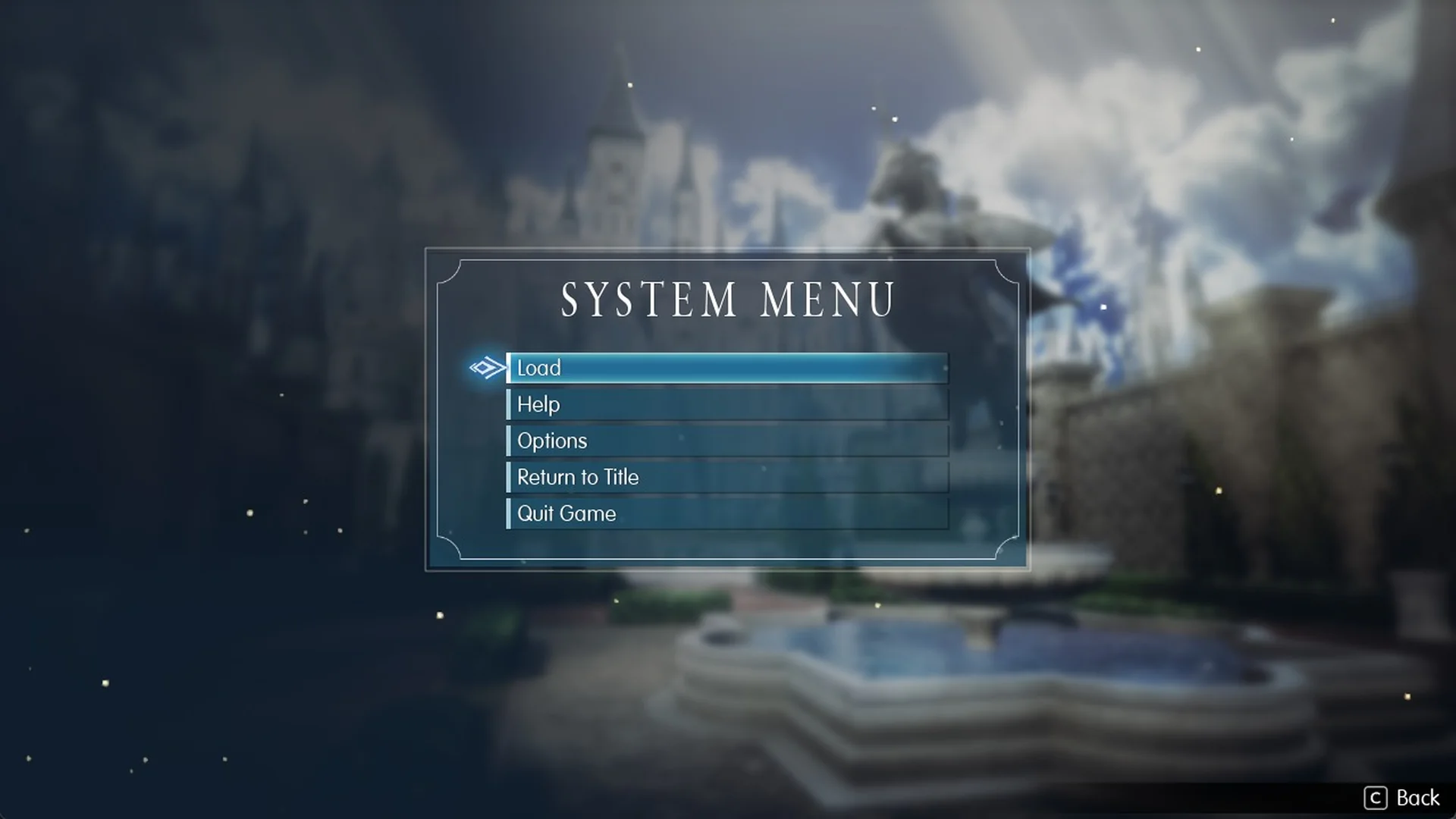 System Menu with Load at the top and no Save row, opened away from a save point
