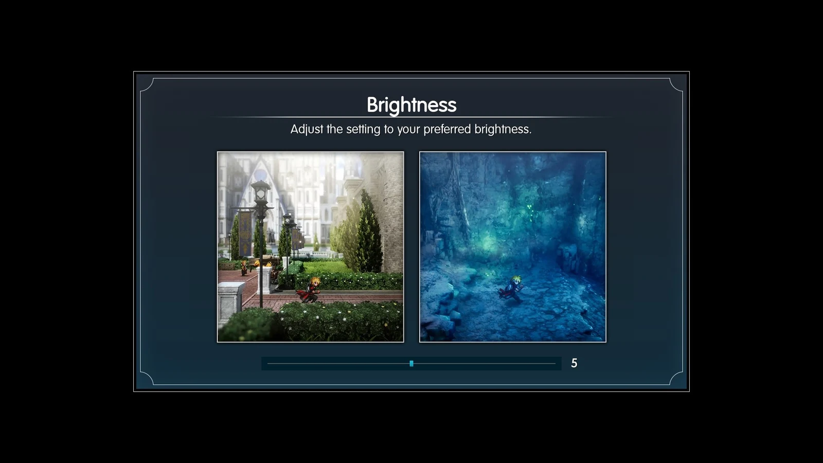 Brightness adjustment screen with two sample scenes, a bright town square and a dark blue cave, and a slider set to 5.