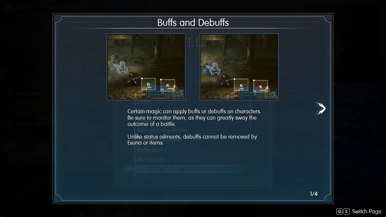 Tutorial window titled Buffs and Debuffs with two battle comparison thumbnails and an explanation of buffs, debuffs and status ailments, page 1 of 4.