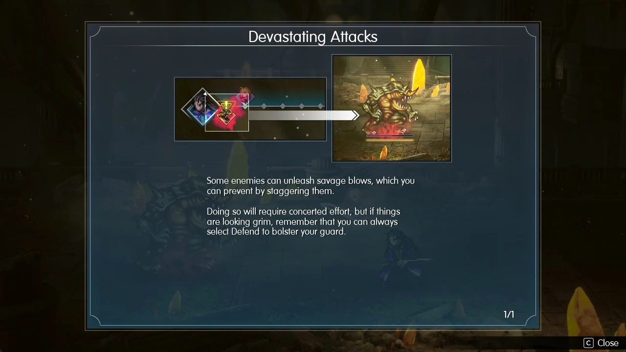 Tutorial panel titled Devastating Attacks showing a turn order bar and a green monster, with explanatory text.