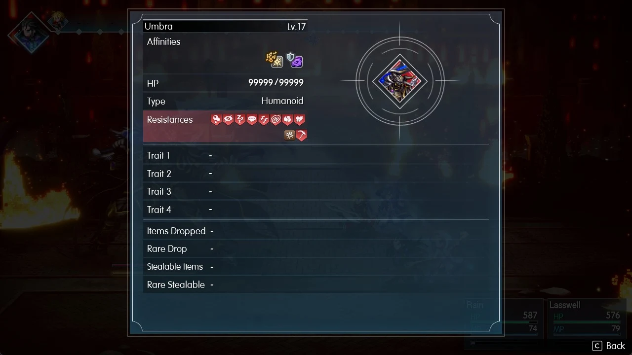 Full-screen enemy information panel for Umbra showing affinities, 99999 HP, Humanoid type, resistances and empty trait and drop fields.