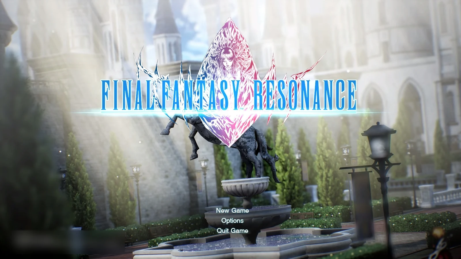 Title screen with the Final Fantasy Resonance logo over a sunlit castle garden fountain and a menu of three options