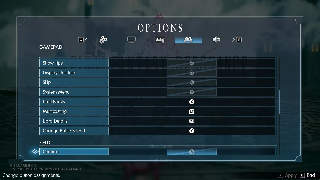 Options menu Gamepad tab listing battle button assignments like Limit Bursts, Multicasting, Libra Details and Change Battle Speed, with the Field section beginning below.