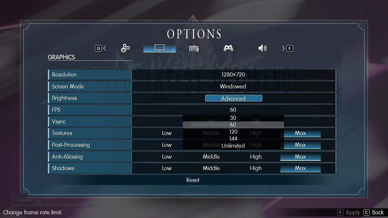 Options menu Graphics tab with an open frame rate dropdown listing 30, 60, 120, 144 and Unlimited.