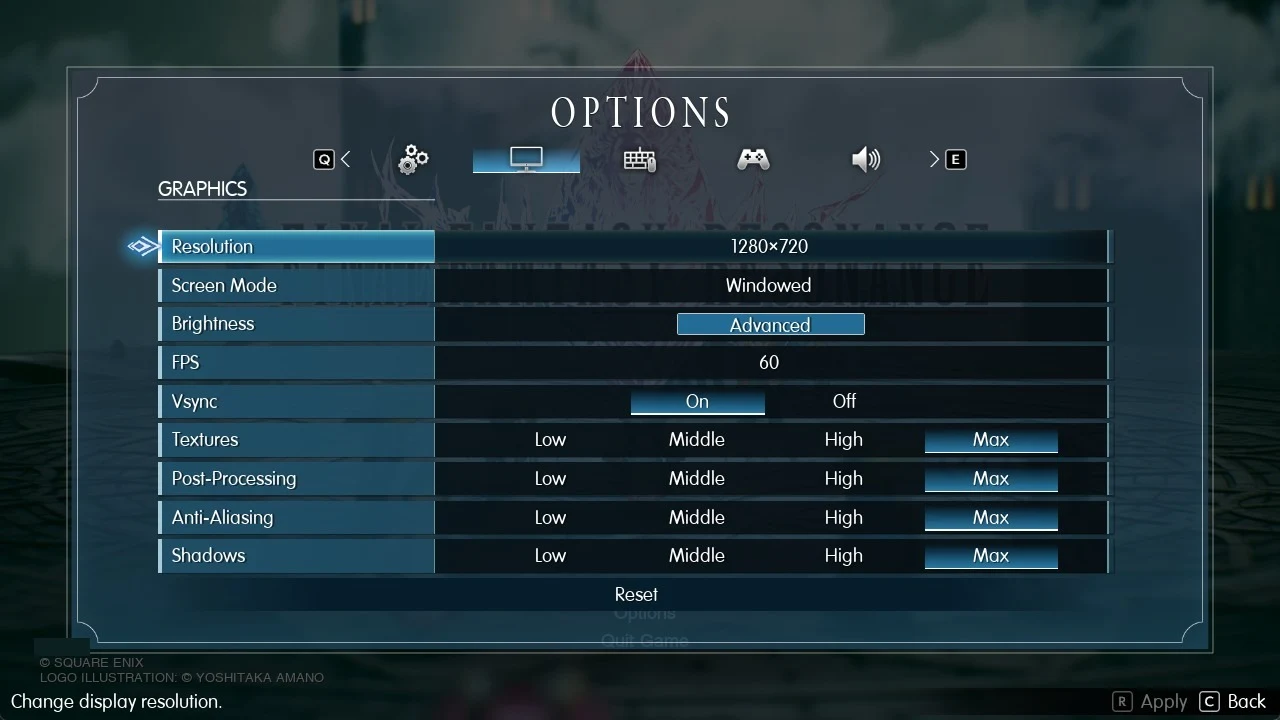 Graphics options menu with resolution 1280×720, windowed mode, vsync on and quality settings set to Max.