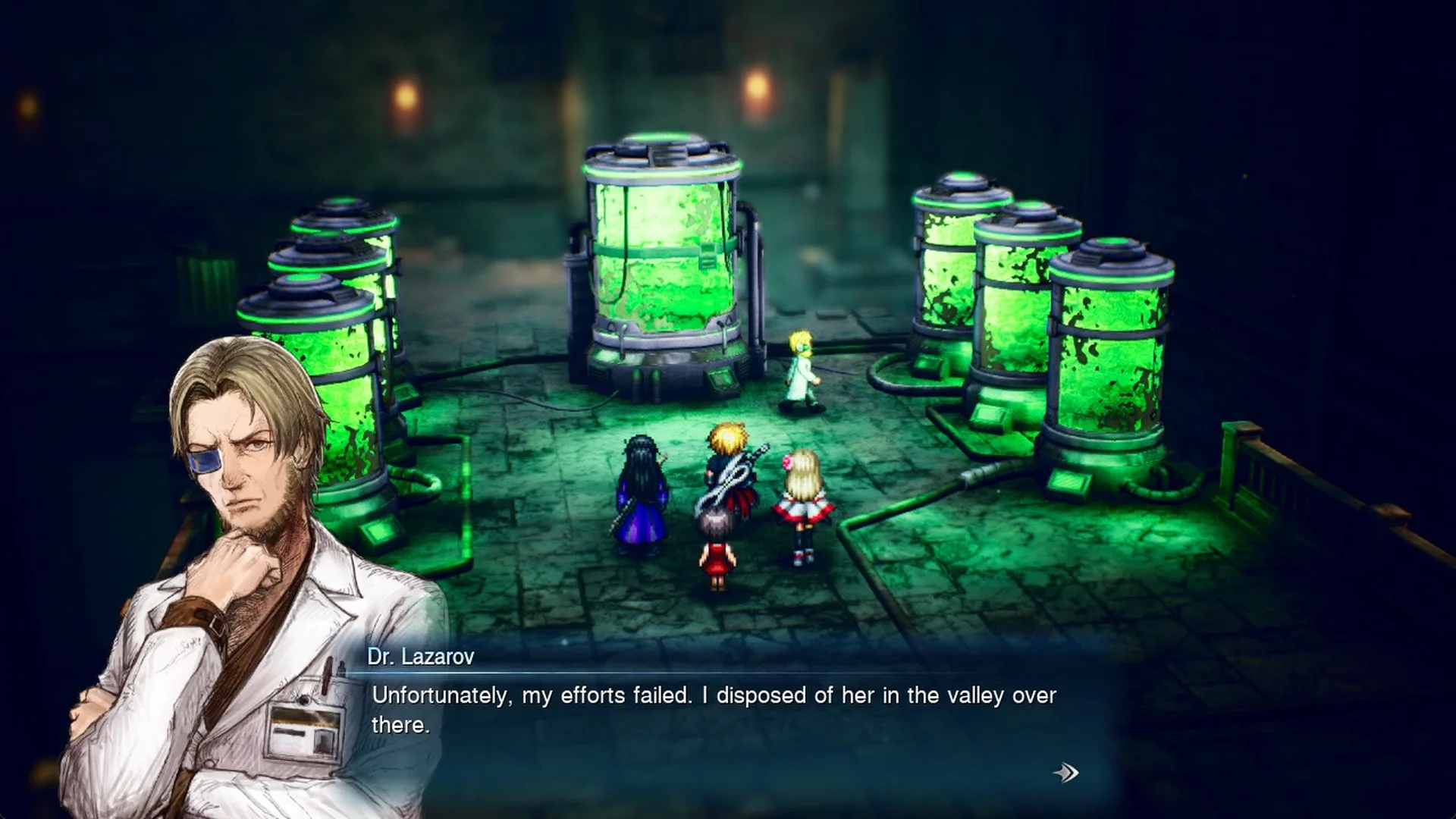 Dr. Lazarov in the green-tank lab of the Kolobos Ruins