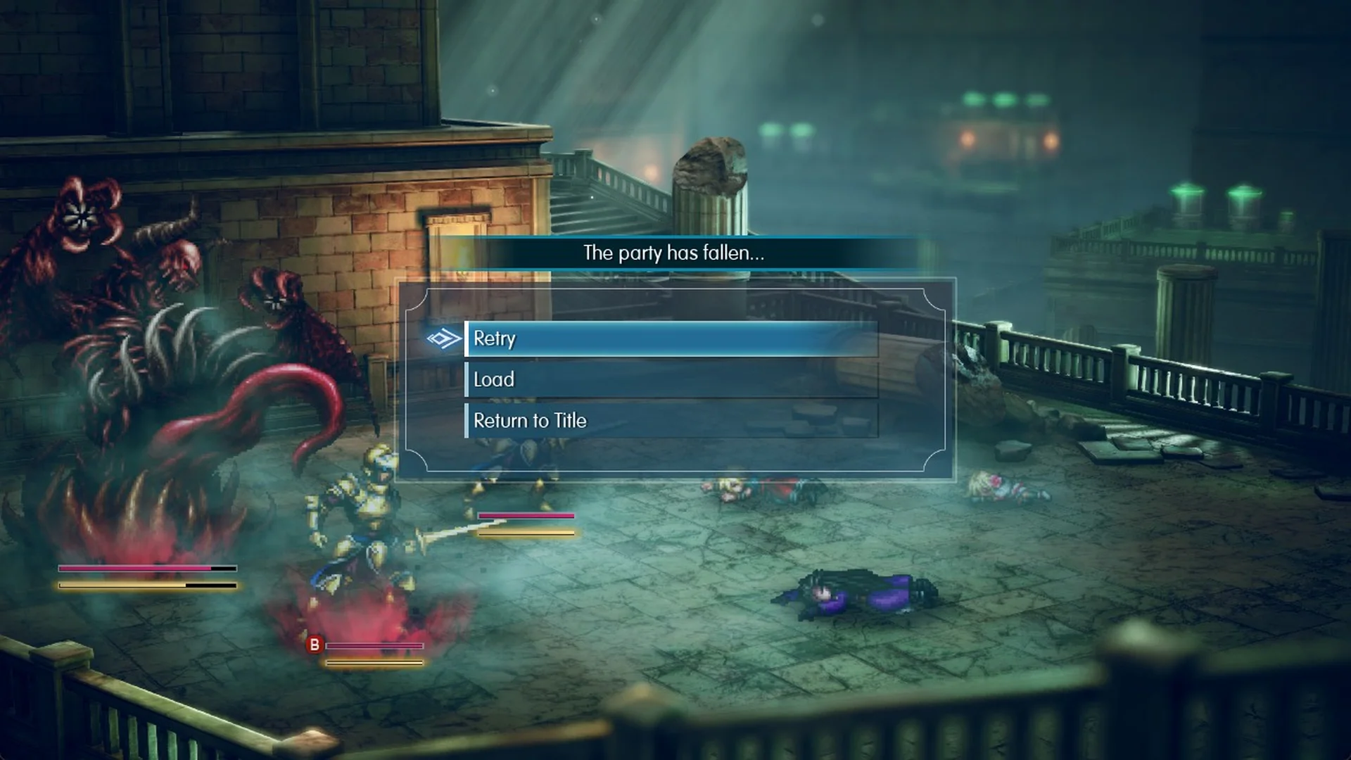 The party has fallen menu with Retry, Load and Return to Title