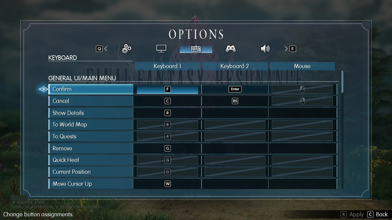 Options menu keyboard tab showing General UI/Main Menu key bindings with Confirm highlighted across Keyboard 1, Keyboard 2 and Mouse columns.
