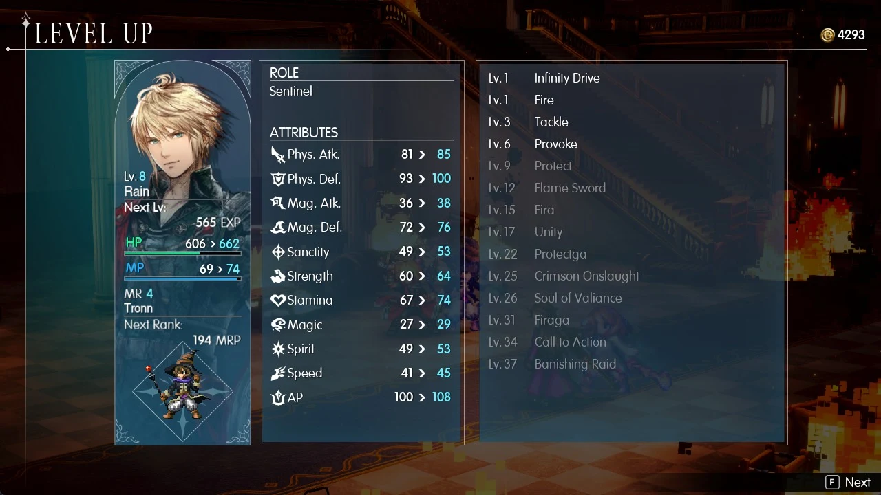 Level Up menu for Rain, a Sentinel, listing attribute increases and a skill list from Infinity Drive to Banishing Raid.