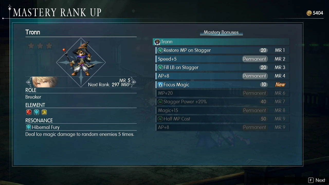 Mastery Rank Up menu for Tronn, a Breaker, listing mastery bonuses from MR 1 to MR 9 with Focus Magic marked New.