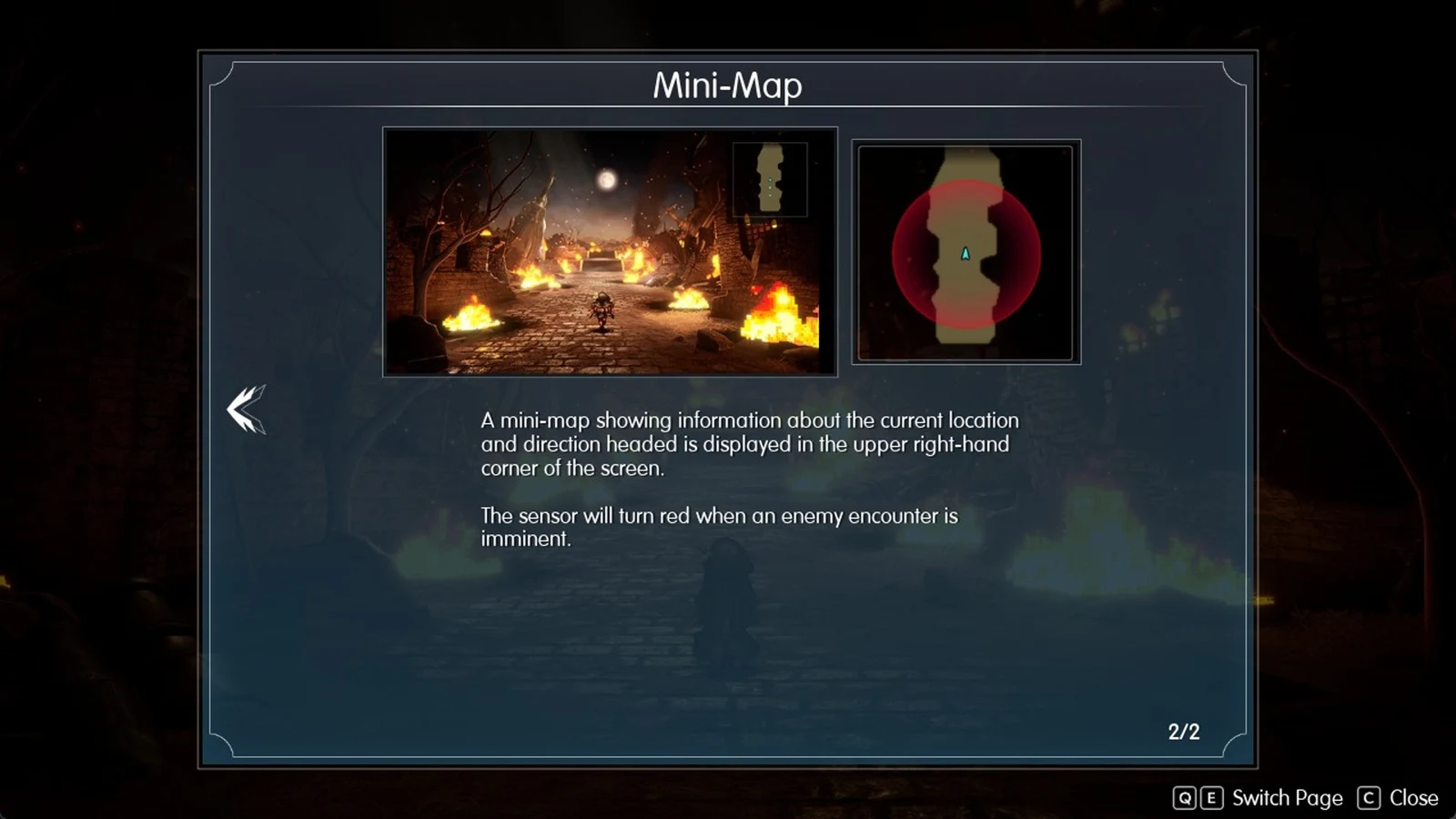 Tutorial panel titled Mini-Map showing a burning ruined street and a mini-map with a red sensor circle, with explanatory text.
