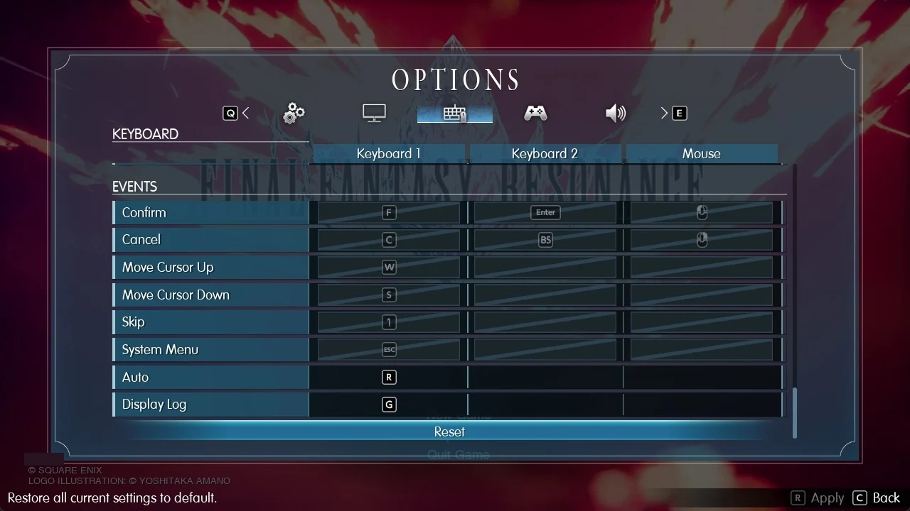 Options keyboard tab showing Events key bindings and a highlighted Reset button at the bottom of the list.