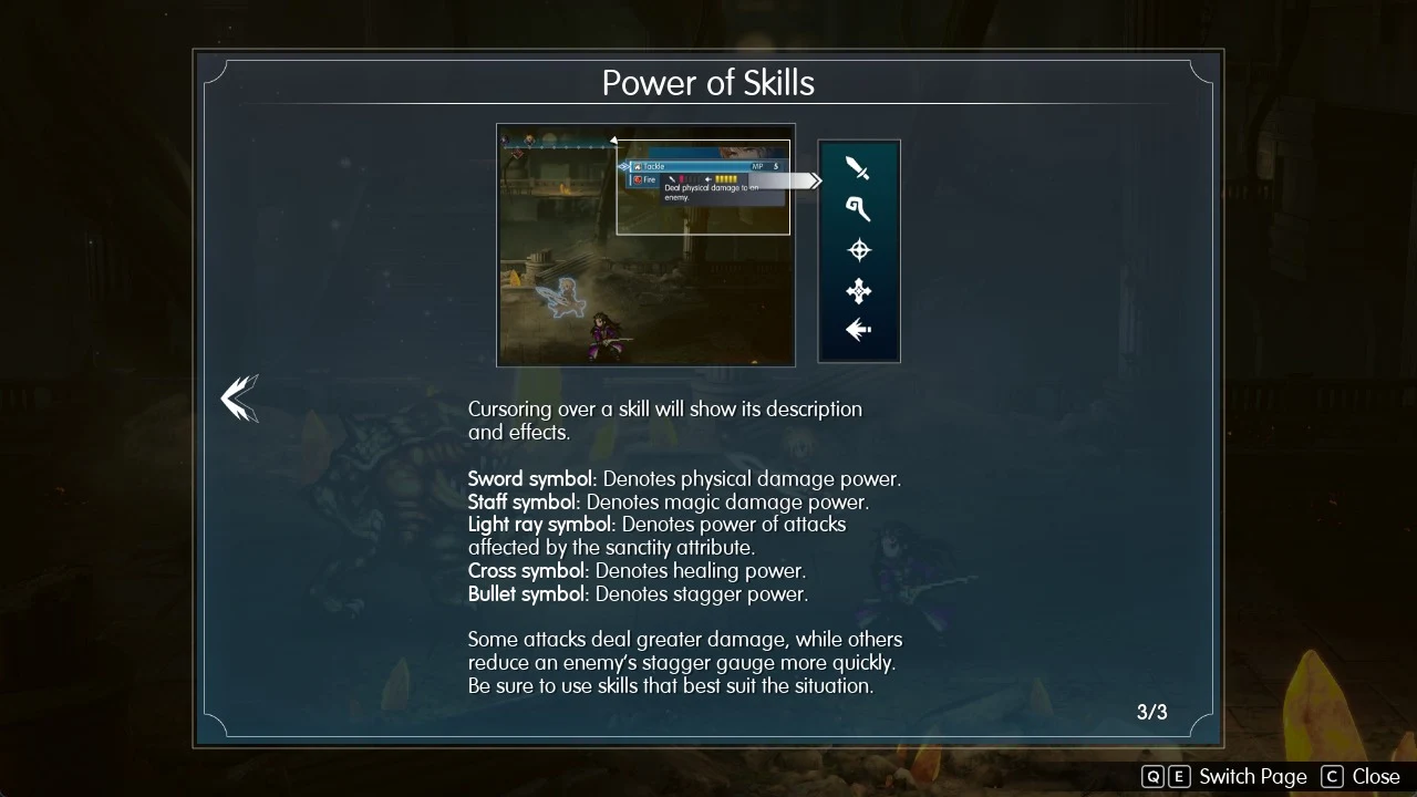 Tutorial panel titled Power of Skills with a battle skill menu preview, a column of five skill symbols and explanatory text, page 3 of 3.