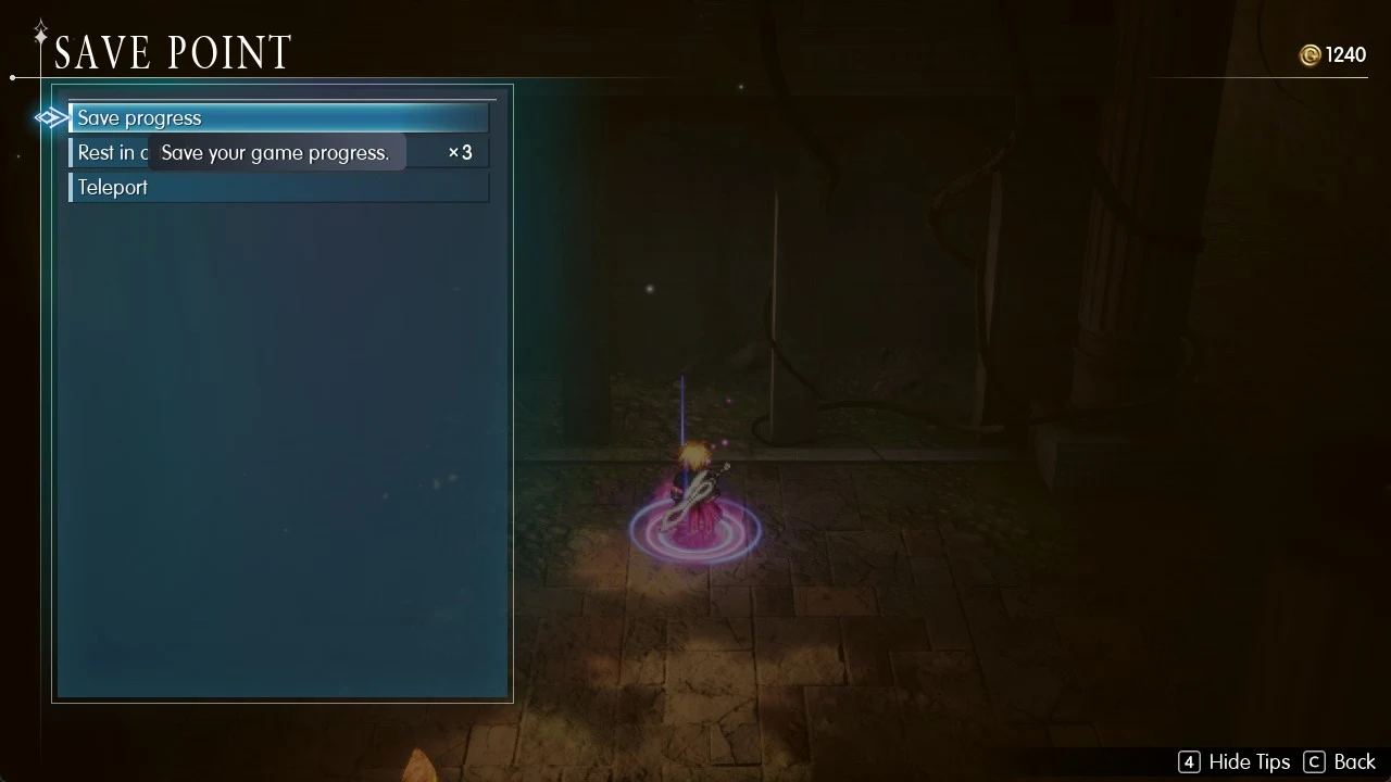 Save Point menu with Save progress, Rest in a tent and Teleport rows at the Earth Shrine deep save point