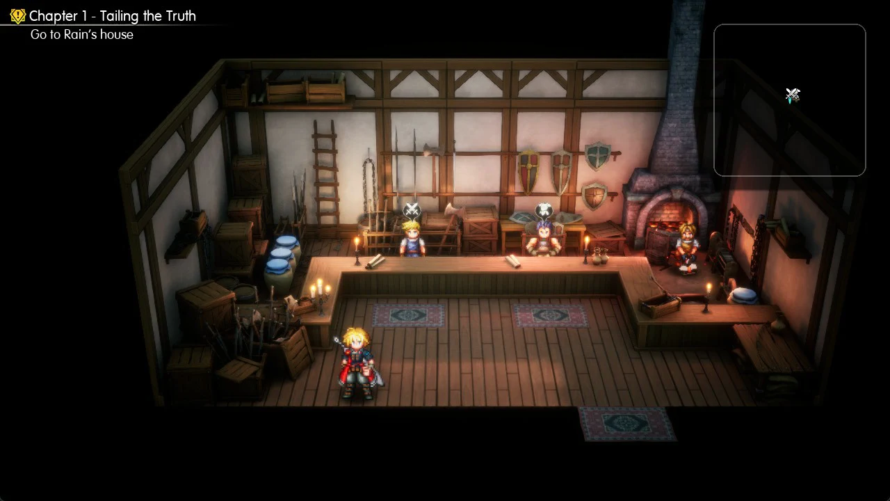 Inside the Mitra weapon and armor shop with the weapon counter, armor counter and the smith at the forge