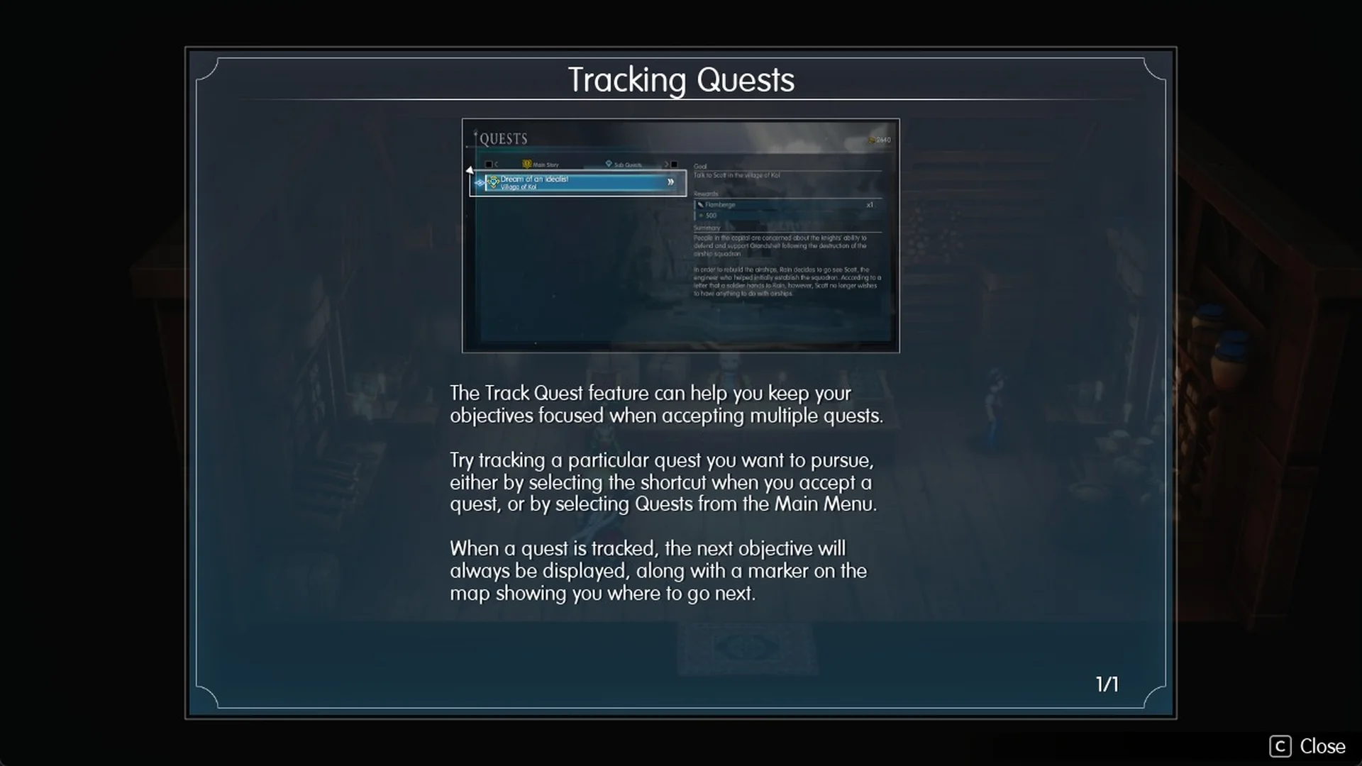 Tracking Quests tutorial page explaining how to track a quest from the Quests menu