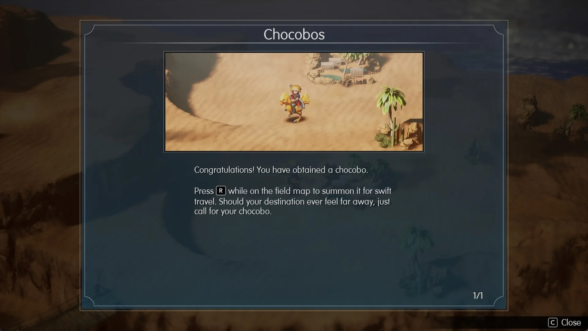 Chocobos tutorial reading Congratulations You have obtained a chocobo and press R on the field map to summon it