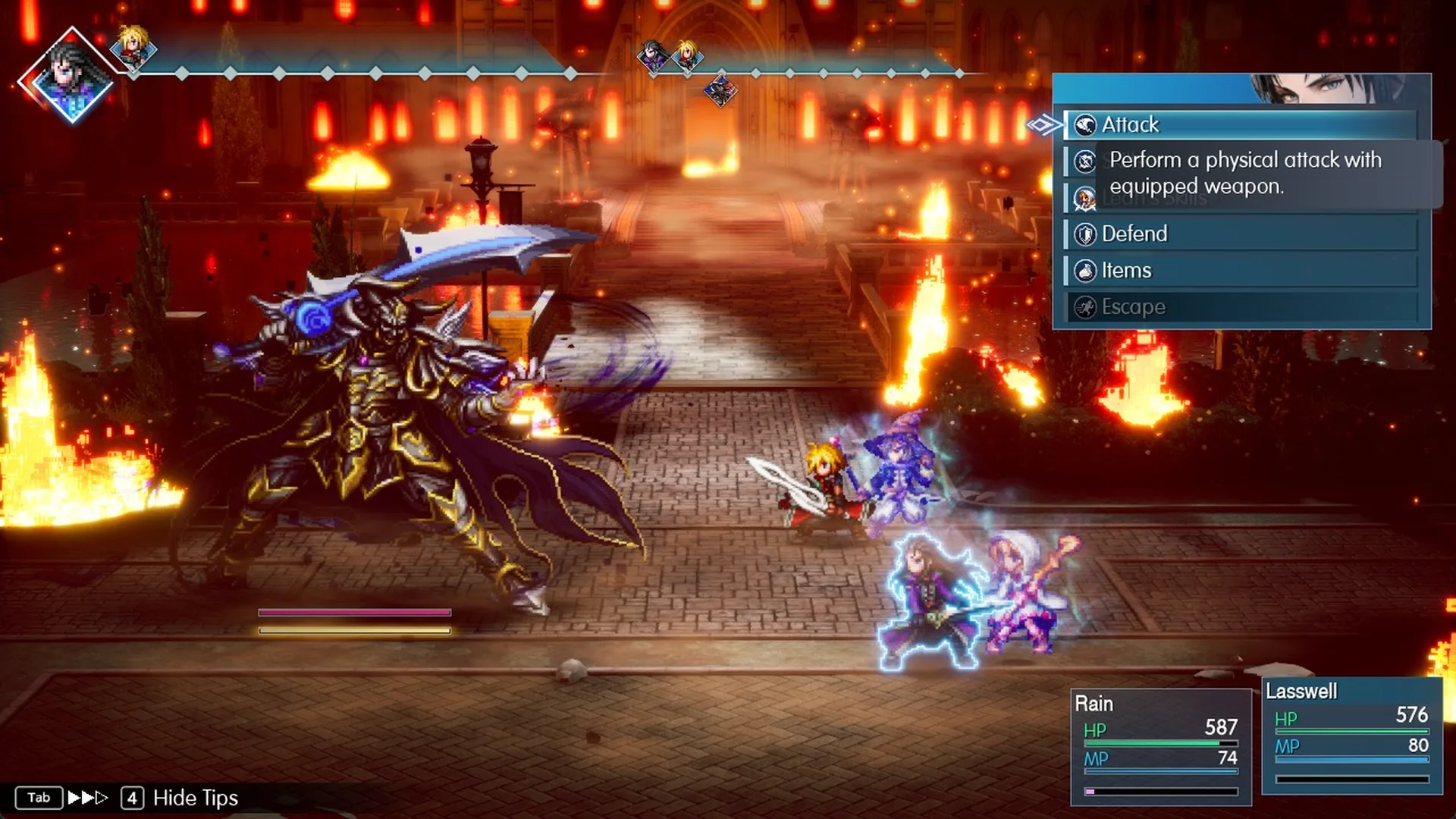 Battle against Umbra with the command menu open and the Escape row greyed out