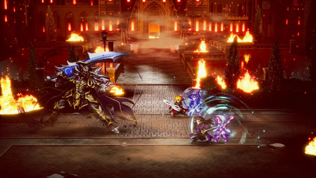 Umbra swings his scythe at Rain and Lasswell outside burning Grandshelt Castle