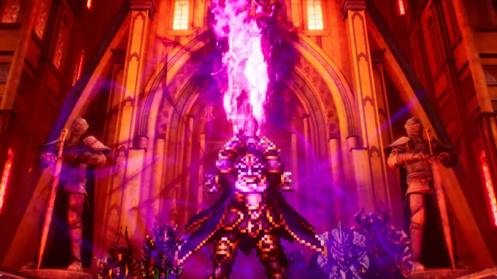 Umbra raising a pillar of dark energy on the castle steps