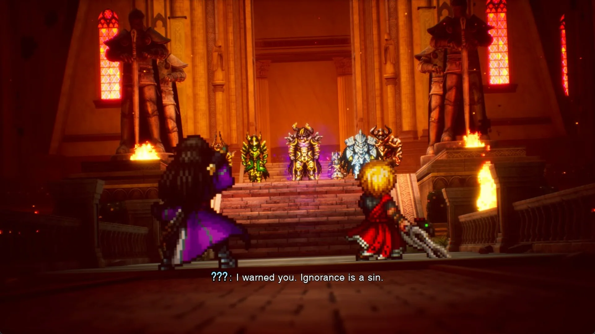 Rain and Lasswell face the armored warriors on the castle steps with the line I warned you. Ignorance is a sin
