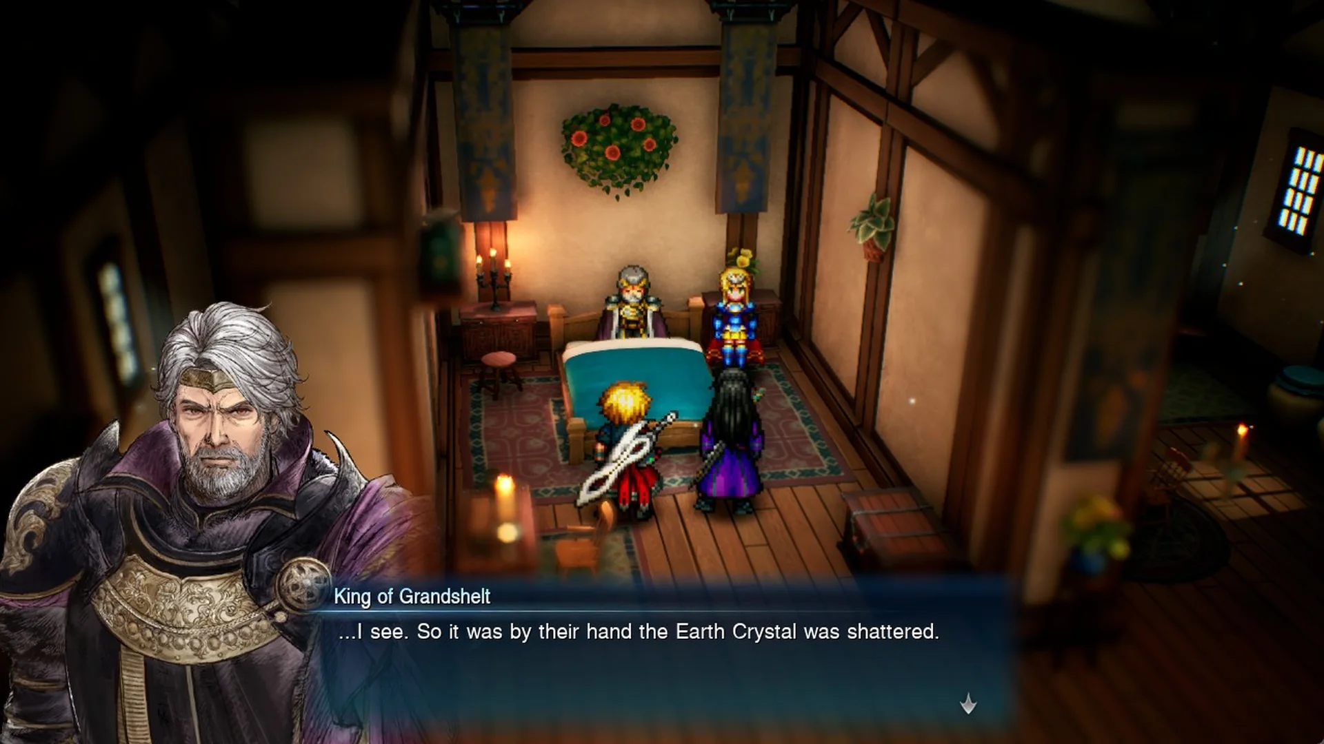 King of Grandshelt in his bedroom saying the Earth Crystal was shattered by their hand