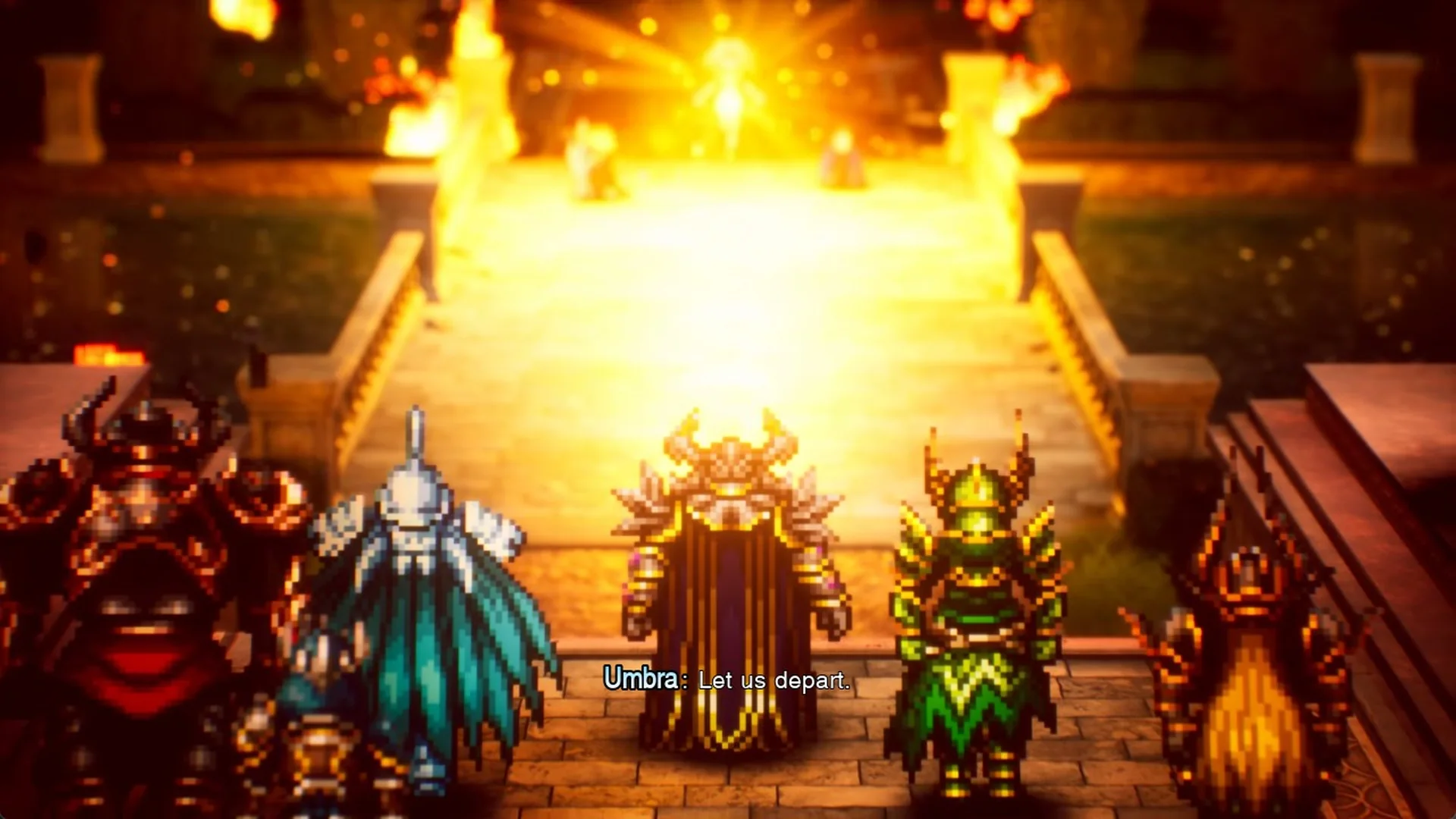Umbra and the other armored warriors together with the line Let us depart