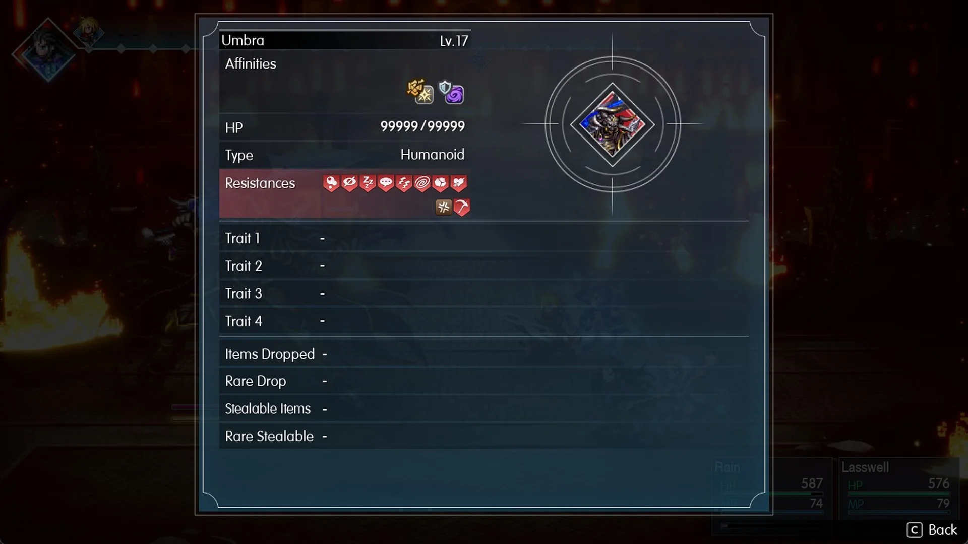 Libra on Umbra showing Lv.17, HP 99999 of 99999, type Humanoid, ten status resistances and no traits or drops