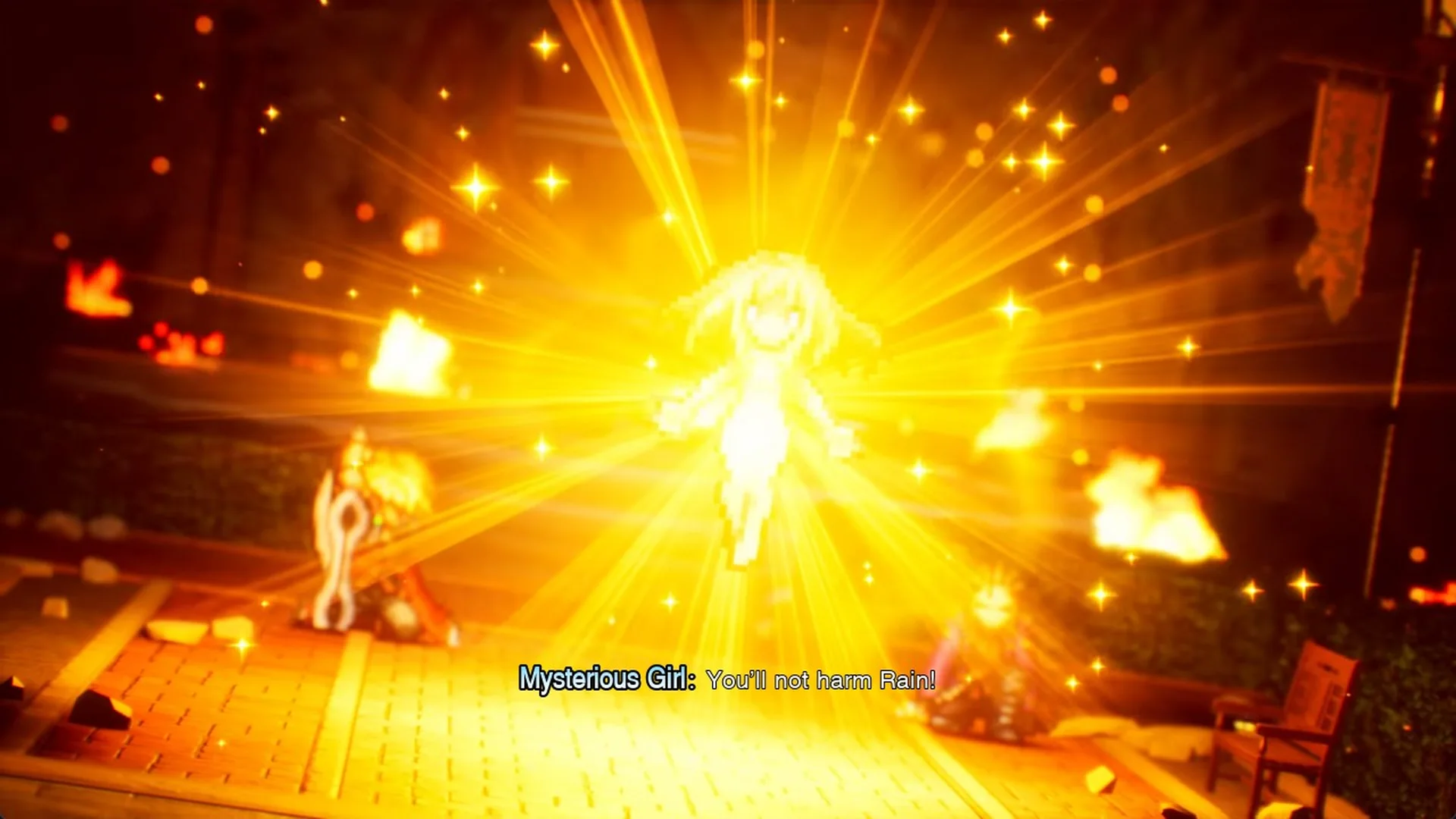 A glowing Mysterious Girl appears in a burst of light with the line You'll not harm Rain