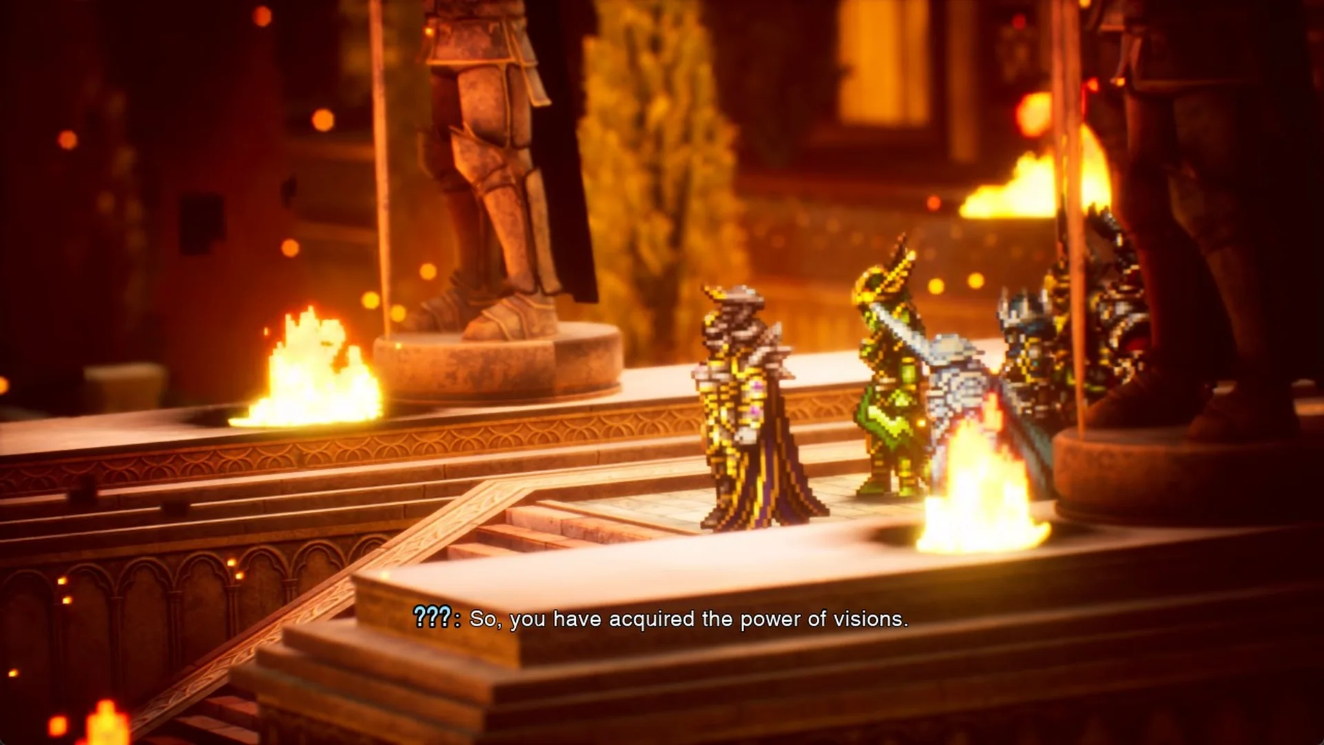Armored warriors on the steps outside Grandshelt Castle with the line So, you have acquired the power of visions