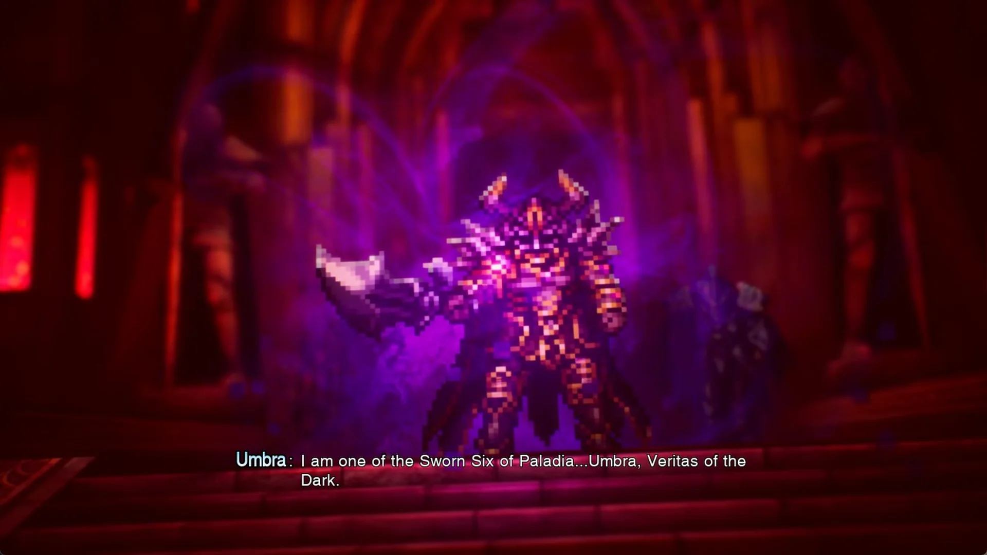 Umbra in purple flames introducing himself as one of the Sworn Six of Paladia, Veritas of the Dark