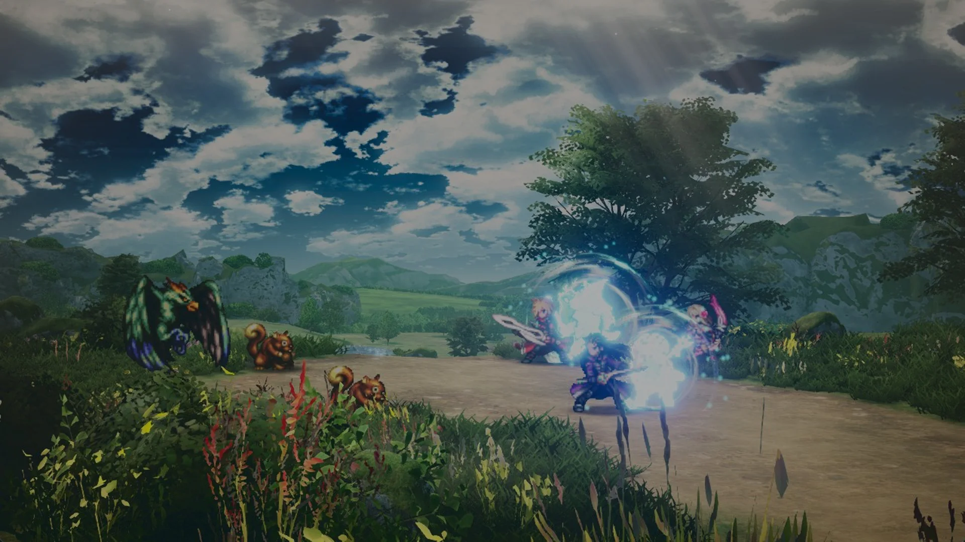 Party fighting beside their Visions in a field battle in Final Fantasy Resonance