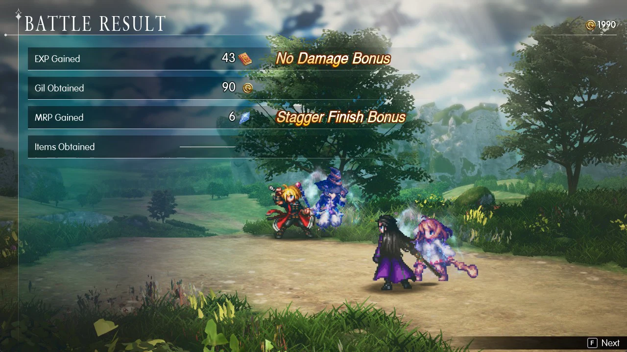 Battle Result screen with rows for EXP Gained, Gil Obtained, MRP Gained and Items Obtained, with No Damage Bonus and Stagger Finish Bonus labels