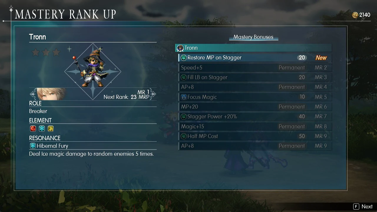 Tronn's Mastery Rank Up page at MR 1 with Restore MP on Stagger at cost 20 tagged New