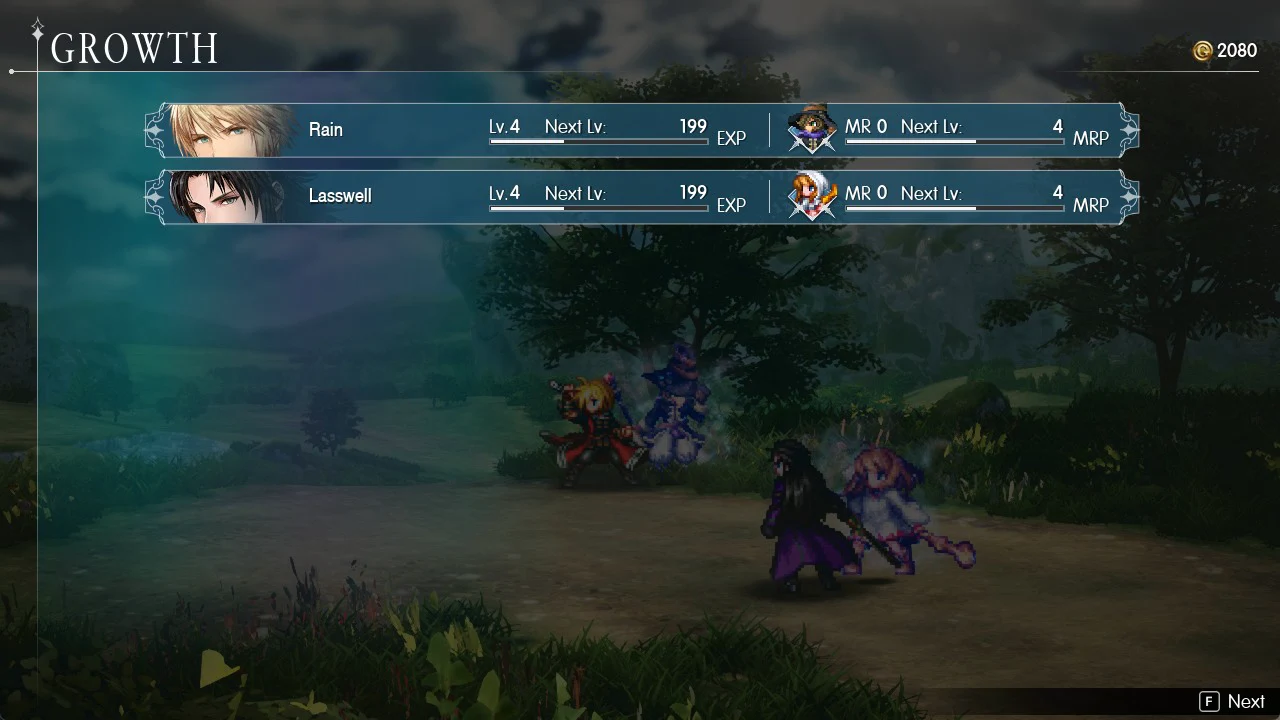 Growth screen showing Rain and Lasswell with EXP to the next level and their equipped Visions at MR 0 with MRP to the next rank