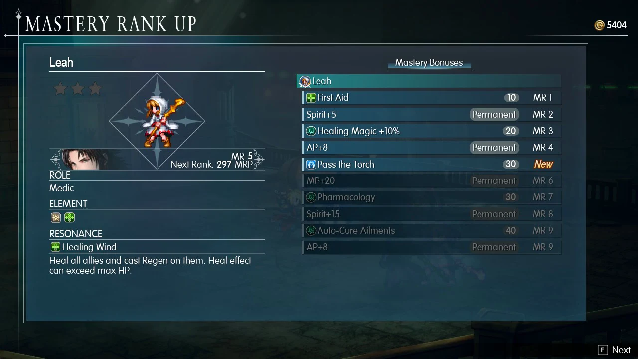 Mastery Rank Up screen for Leah at MR 5 with the new Pass the Torch bonus highlighted