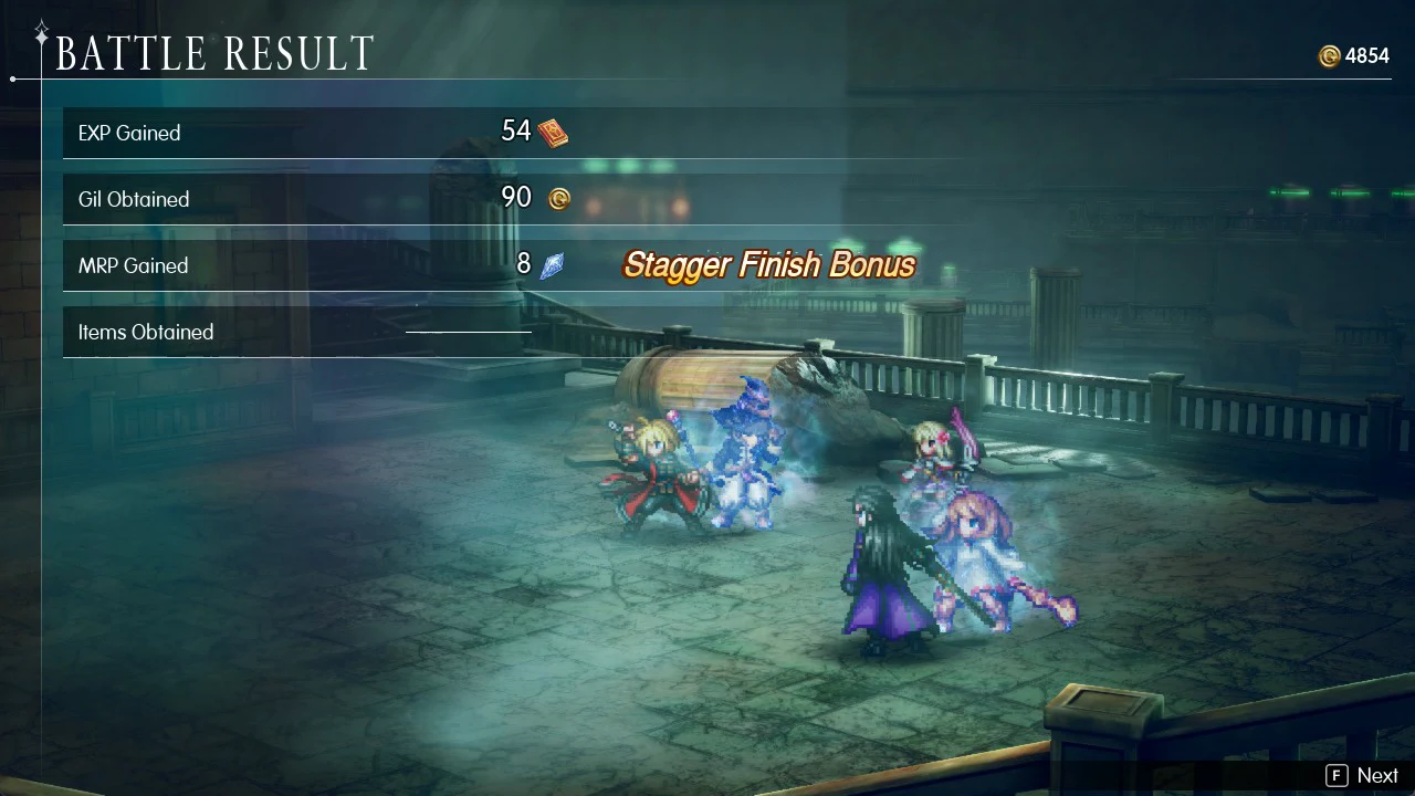 Battle Result screen listing EXP, Gil and MRP earned after a win, with the F Next prompt