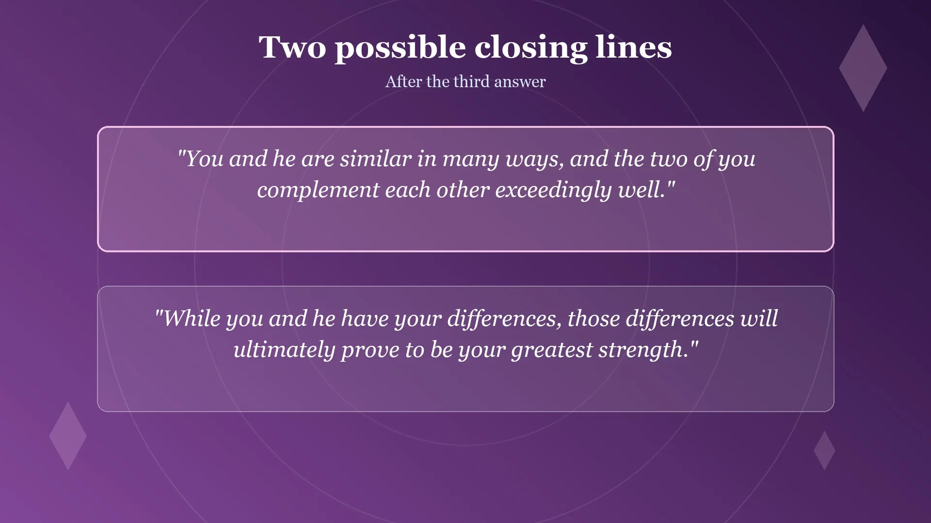 Card with the two possible closing lines after the Vision questions in Final Fantasy Resonance