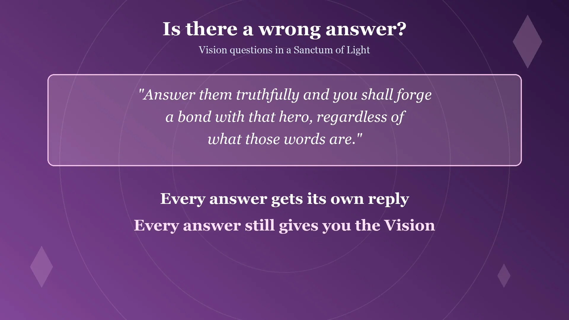 Card quoting the sanctum line that there is no wrong answer to the Vision questions in Final Fantasy Resonance