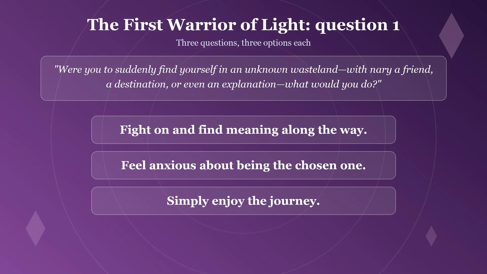 Card with the Warrior of Light sanctum's first question and three options in Final Fantasy Resonance