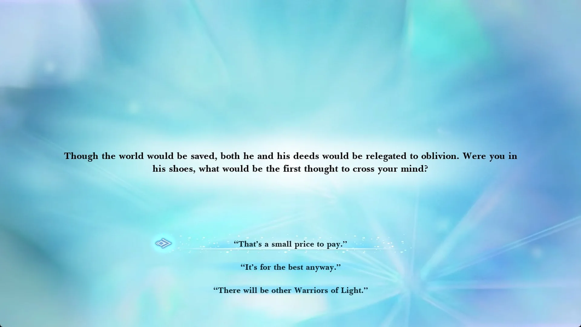 Warrior of Light sanctum third question with its three options in Final Fantasy Resonance
