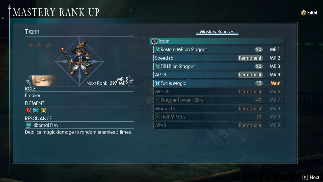 Mastery Rank Up screen for Tronn listing his Mastery Bonuses with Focus Magic newly unlocked