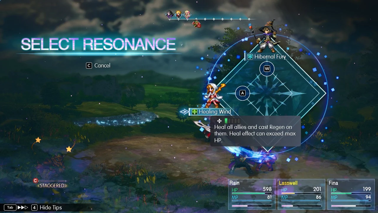 Select Resonance menu in battle with Healing Wind highlighted and its heal and Regen effect described