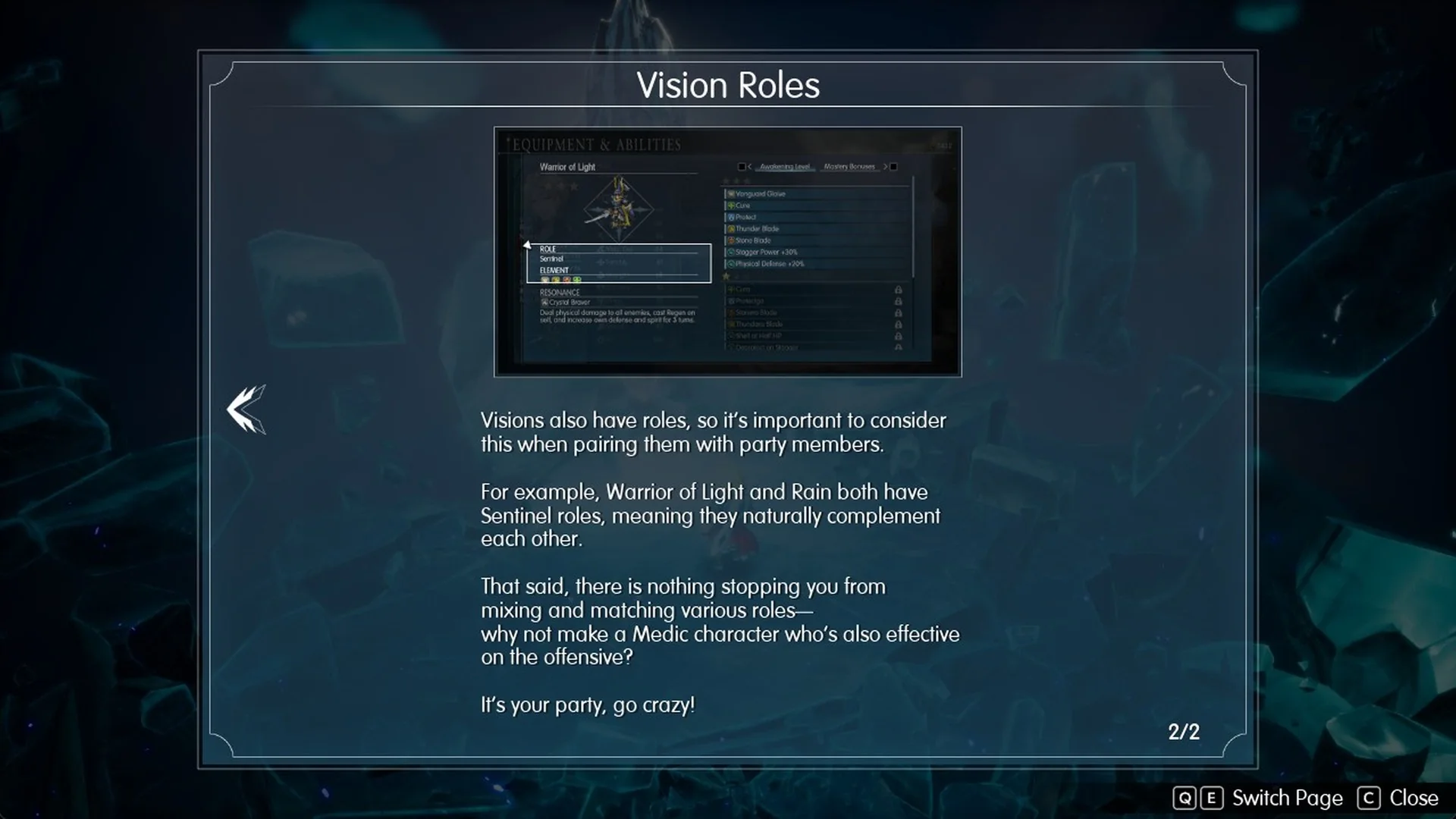 Vision Roles tutorial page in Final Fantasy Resonance saying you can mix and match roles