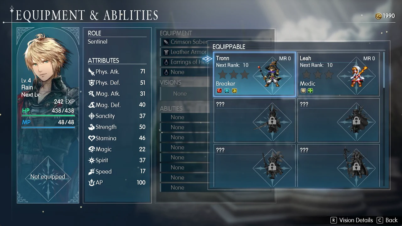 Equipment and Abilities screen with Tronn, a Breaker, highlighted in the Vision list while picking one for Rain